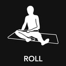 White silhouette of a person on a yoga mat massaging their thigh muscle with 'ROLL' text on a black background